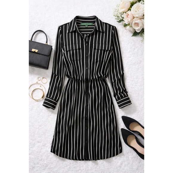 Lauren Ralph Lauren Dresses & Skirts - Lauren Ralph Lauren Black White Striped Long Sleeve Shirt Dress Size 6 Collared